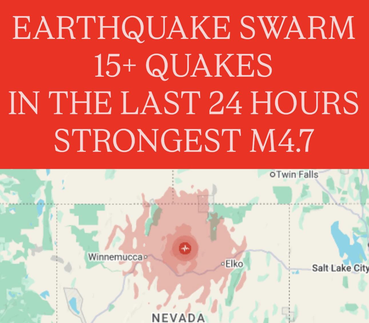 An earthquake swarm over the last 24-hours in Nevada has produced at least 15 earthquakes.